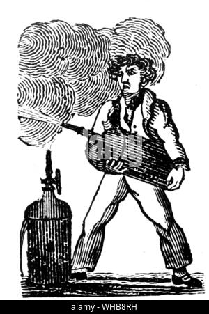 Captain Manby's invention 1816 by courtesy of the Fire Protection Association, London - Captain George William Manby (born November 28, 1765 in Denver, Norfolk, England. died November 18, 1854 in Great Yarmouth) was the inventor of a portable fire extinguisher amongst other things.. Stock Photo