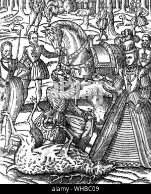 Elizabeth I (1533-1603) on the hunting field alights to perform the ceremony of assaying the stag, and is handed the knife by the huntsman. From George Turbevile or Turbeville The Noble Art of Venerie 1576. Woodcut Stock Photo