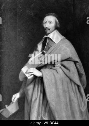 Cardinal Richelieu - Philippe de Champagne, Versailles,. Armand Jean du Plessis de Richelieu, Cardinal-Duc de Richelieu (September 9, 1585 - December 4, 1642), was a French clergyman, noble, and statesman. Consecrated as a bishop in 1607, he later entered politics, becoming a Secretary of State in 1616. Richelieu soon rose in both the Church and the state, becoming a cardinal in 1622, and King Louis XIII's chief minister in 1624. He remained in office until his death in 1642 when he was succeeded by Jules Cardinal Mazarin.. Stock Photo