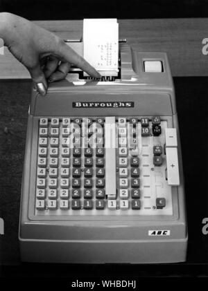 Burroughs ABC adding machines cater for both the present £.S.D. and the future £, new penny, new halfpenny format. Picture shows they can be converted by any operator, from one mode of operation to the other at the flick of a switch.. Stock Photo
