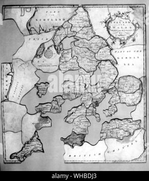 The earliest dated jigsaw puzzle - J. Spilsbury's dissected map of England and Wales, 1767.. Stock Photo