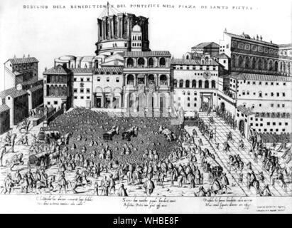 Papal blessing in St Peter's Square in Rome - engraving of 1575 Jubilee from Speculum Romanae Magnificentiae Stock Photo