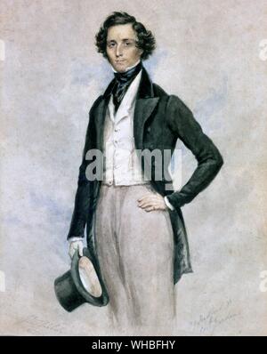 Felix Mendelssohn (aged 20) - Portrait of an Elegant Gentleman c.1825 - watercolour by James Warren Childe (1778-1862). Jakob Ludwig Felix Mendelssohn Bartholdy, born and generally known as Felix Mendelssohn (February 3, 1809 - November 4, 1847) was a German composer, pianist and conductor of the early Romantic period.. Stock Photo