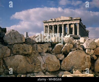 The Parthenon - a temple built for the Greek goddess Athena  in the 5th century BC on the Acropolis of Athens.. Stock Photo