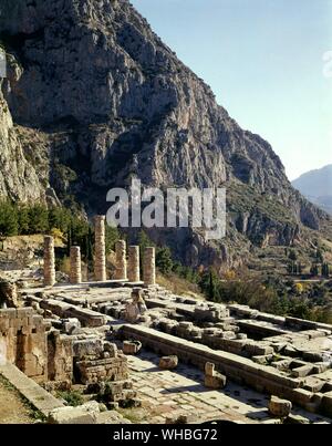 Delphi, Greece - an archaeological site and a modern town in Greece on the south-western spur of Mount Parnassus in the valley of Phocis. Delphi was the site of the Delphic oracle, most important oracle in the classical Greek world, and it was a major site for the worship of the god Apollo. . Stock Photo