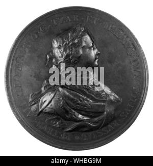 Medal of Peter I marking the end of the streltsy rebellion of 1698 - the idealised portrait on this medal contrasts with the brutality of the man.. Peter I the Great or Pyotr Alexeyevich Romanov (Pyotr I or Pyotr Velikiy) (9 June 1672 - 8 February 1725 [30 May 1672 - 28 January 1725 O.S.) ruled the Russian Empire from 7 May (27 April O.S.) 1682 until his death, jointly ruling before 1696 with his weak and sickly half-brother, Ivan V. Peter carried out a policy of Westernization and expansion that transformed the Tsardom of Russia into the Russian Empire, a major European power.. Streltsy were Stock Photo