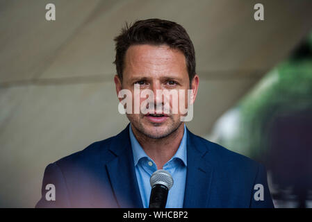 Mayor of Warsaw Rafa? Trzaskowski speaks during a press conference summarising the two-day visit of Sadiq Khan the mayor of London in Warsaw. Stock Photo