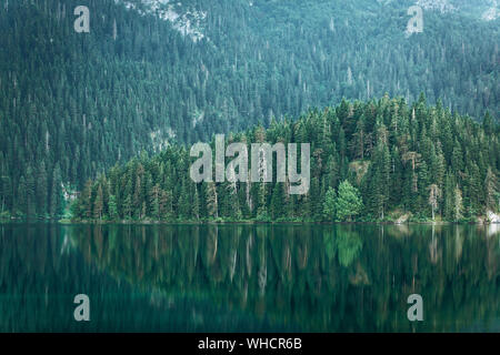 Beautiful view of the forest with reflection in the water and a lake called Black Lake in Montenegro. Stock Photo