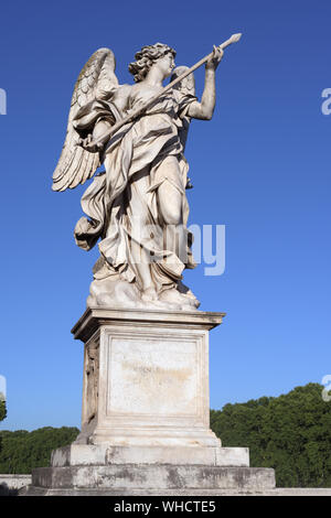 Angel with the Lance on Bridge of Angels (Ponte Sant'Angelo), Rome, Italy. By Domenico Guidi; inscription: Vulnerasti cor meum (Piercing my heart) Stock Photo