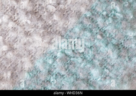 Woollen fluffy boucle scarf, macro. Soft pastel colors merino wool backdrop, closeup. Autumn and winter flat lay. Scandinavian minimal style. Stock Photo