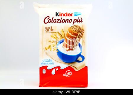 Kinder Sponge Cake. Kinder is a brand of products made in Italy by Ferrero Stock Photo