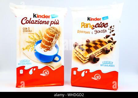 Kinder Sponge Cake. Kinder is a brand of products made in Italy by Ferrero Stock Photo