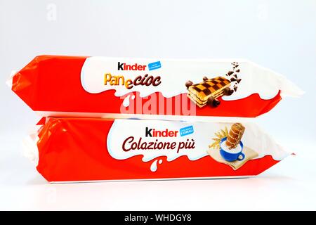 Kinder Sponge Cake. Kinder is a brand of products made in Italy by Ferrero Stock Photo