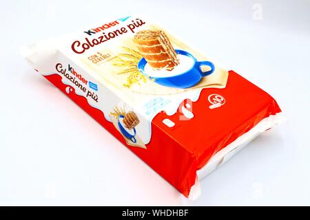 Kinder Sponge Cake. Kinder is a brand of products made in Italy by Ferrero Stock Photo