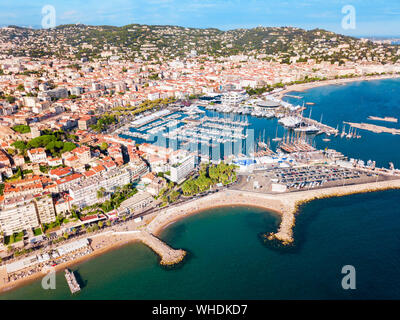 Cannes port and beach aerial panoramic view. Cannes is a city located on the French Riviera or Cote d'Azur in France. Stock Photo