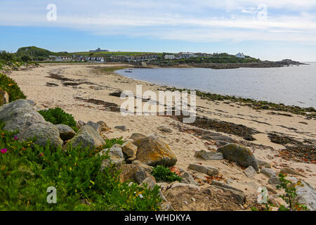 Looking towards Old Town and St Mary's airport from Old Town Bay, St. Mary’s Island in the Isles of Scilly, Cornwall, England, UK Stock Photo