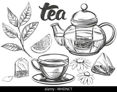 tea set isolated on white background hand drawn vector illustration realistic sketch. Stock Vector