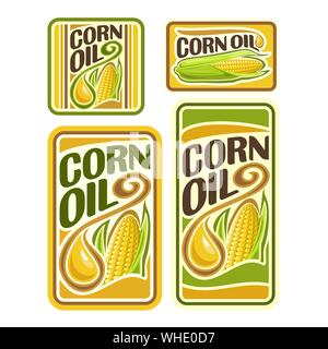 Vector labels for Corn Oil, logo for cooking corn oil consisting of yellow oily drop, ripe corncob with green leaves. Vertical and horizontal banners, Stock Vector