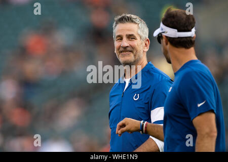 Indianapolis Colts head coach Frank Reich during NFL football preseason game action between the Indianapolis Colts and the Cincinnati Bengals at Paul Brown Stadium in Cincinnati, OH. Adam Lacy/CSM Stock Photo
