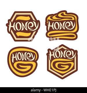 Vector logo for Honey, set of labels for honeyed dessert in japanese style, consisting of icons yellow dripping swirl, sign honey honeycomb, emblem of Stock Vector