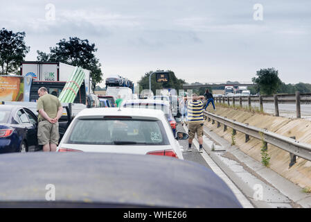 M11 Stanstead, Essex, uk, 2019-08-28, Traffic at standstill on one of the UK's busiest roads linking the south with the north, The traffic being held Stock Photo