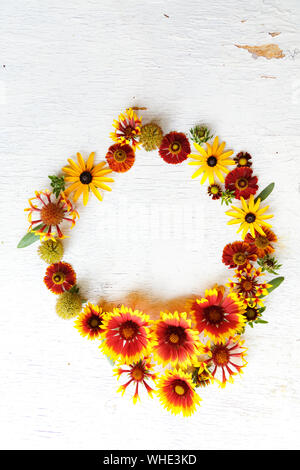 Flower composition on a wooden white background Stock Photo