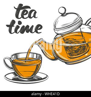 tea time Cup of tea and teapot isolated on white background hand drawn vector illustration realistic sketch. Stock Vector
