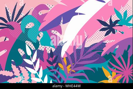 Tropical abstract background, bright colorful leaves and plants Stock Vector
