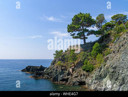 View of rugged coastline from the pedestrian cycle route that links Framura, Bonassola and Levanto in Liguria, Italy. Eco travel near Cinque Terre. Stock Photo