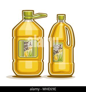 Vector big yellow plastic Bottles with Rice Bran Oil and label, gallon canister filled pure cooking oil, cartoon large container with viscous liquid w Stock Vector