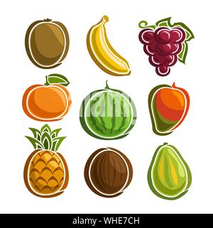 Vector Set of Fruits icons, isolated on white background. Stock Vector