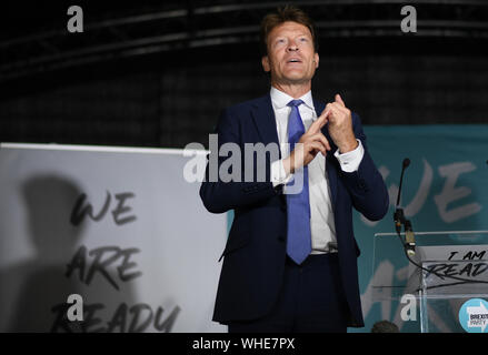 Brexit Party Chairman Richard Tice speaks during the Brexit Party's 'We Are Ready' event at Colchester United Football Club in Essex. Stock Photo