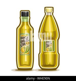 Vector yellow plastic and glass Bottles with pure Rice Bran Oil and label, bottles with refined virgin cooking oil, cartoon container with natural org Stock Vector