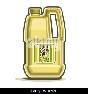 Vector big yellow plastic Bottle with Rice Bran Oil and label, gallon canister filled pure cooking oil, cartoon large container with viscous liquid wi Stock Vector