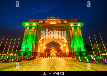 Abu Dhabi city gate at sunset. Abu Dhabi is the capital and the second largest city of the United Arab Emirates or UAE. Stock Photo