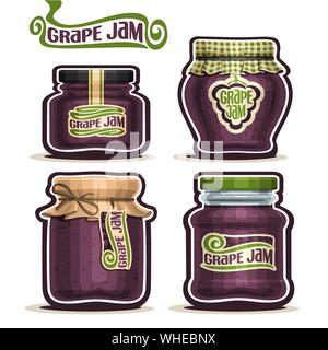 Vector set of Grape Jam in glass Jars with paper cover lid, isolated on white. Stock Vector