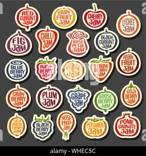 Vector Set of Fruits Jam icons, isolated on black background. Stock Vector