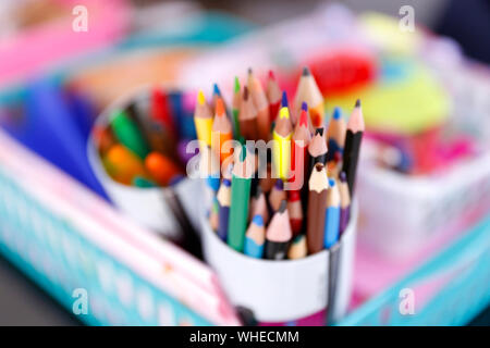 colored pencils in pencil case - child education - colored drawing Stock Photo