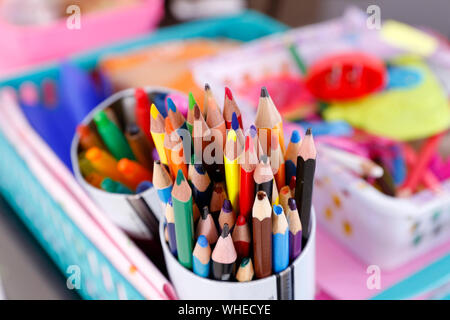 colored pencils in pencil case - child education - colored drawing Stock Photo