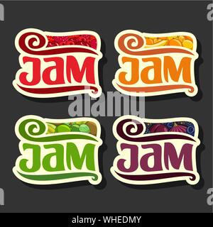 Vector Set of Fruit Jam Labels, isolated on black background. Stock Vector