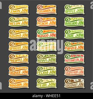 Vector Set of Fruit Jam Labels, isolated on black background. Stock Vector