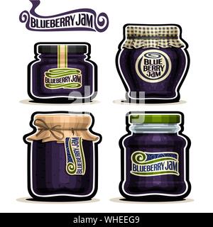 Vector set of Blueberry Jam in glass Jars with paper lid cover, isolated on white. Stock Vector