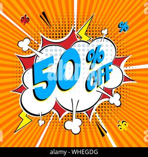 Comic lettering 50 percent off SALE in the speech bubble comic style flat design. Retro vintage pop art illustration isolated on rays background. Excl Stock Vector