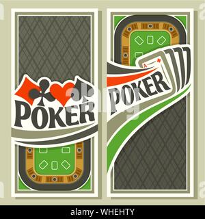 Vector banners for Poker, four playing cards for gambling game on green felt table in casino. Stock Vector