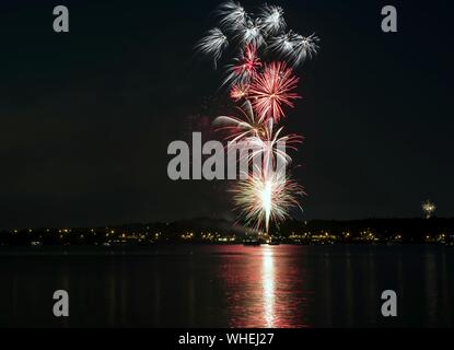 Scenic View Of Fireworks By Lake Against Sky At Night