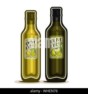 Vector green glass Bottles with pure Olive Oil, bottles with virgin cooking olive oil, container with natural organic liquid, label with olives branch Stock Vector