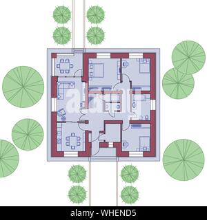 Architectural floor plan of a house. The drawing of the cottage. One-storey building on the land. Vector illustration EPS10 Stock Vector