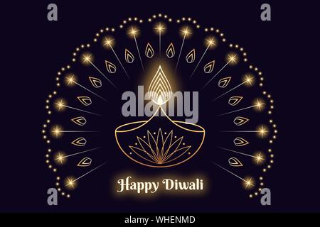 Happy Diwali Banner, Hindu festival of lights. Indian Deepavali holiday, Background with Diya lamp, burning Flame, glowing fireworks and sparkles. Out Stock Vector