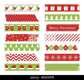 Christmas washi tapes. Vector set of colored scotch lines Stock Vector