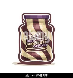 Vector jar for Duo swirl Chocolate Spread with label, container with brown hazelnut milk cream with purple cap, pot with butter nuts dessert with lid Stock Vector